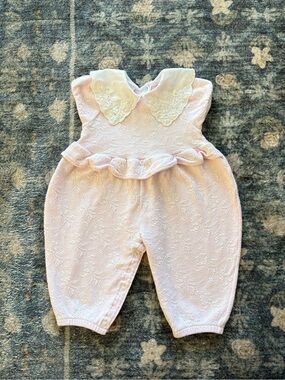 Vintage Baby Dior Embroidered Collared Cotton Romper Size 6-9M